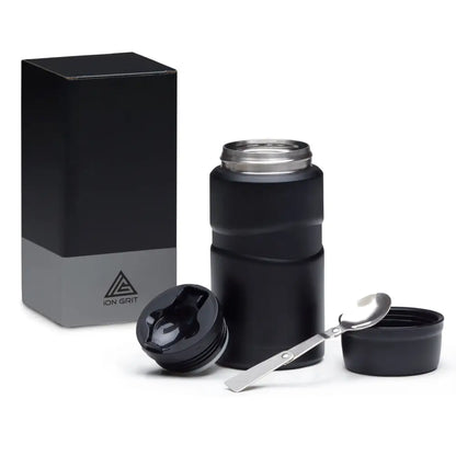 WorkFuel 750ml Food Jar: Ion 801 black stainless steel insulated jar with spoon and lid