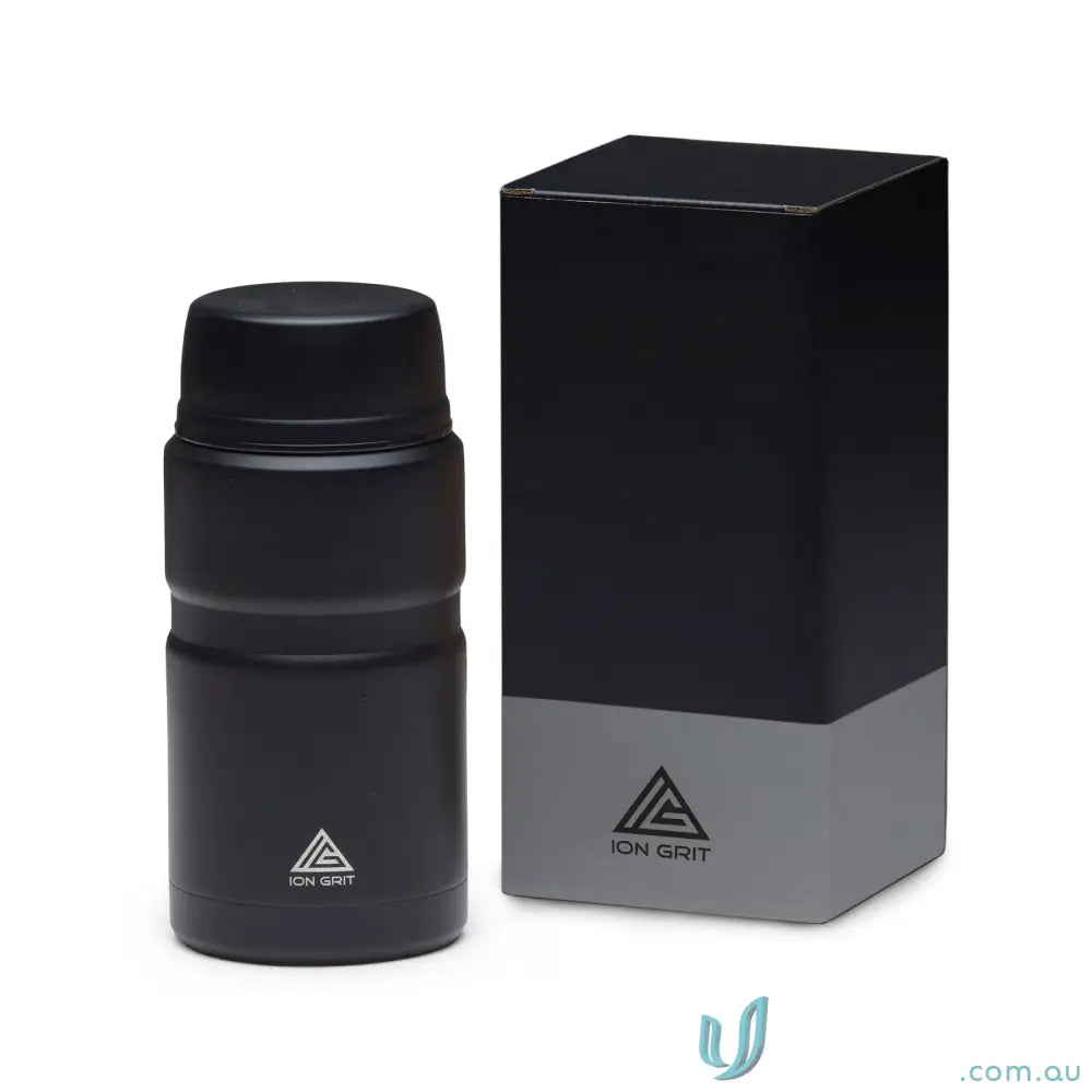 Black insulated food jar with packaging and foldable spoon, 750ml matt black design