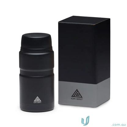 Black insulated food jar with packaging and foldable spoon, 750ml matt black design