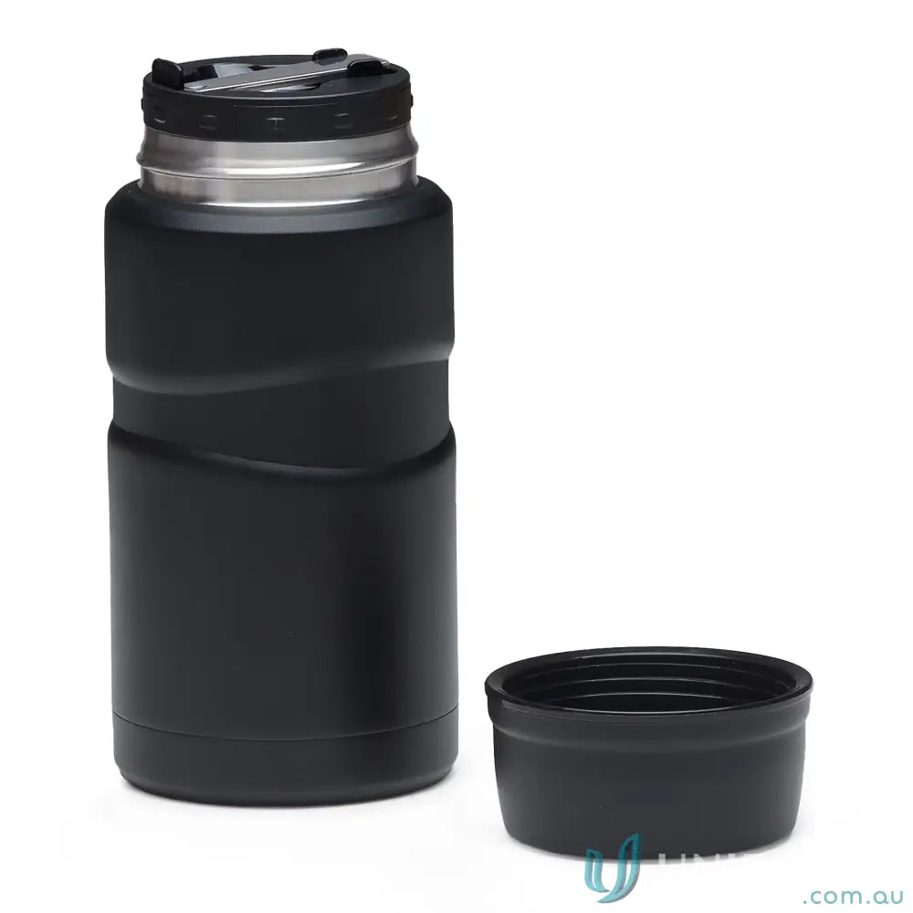 Black insulated food jar with a separate cup and foldable spoon in matt black 750ml style