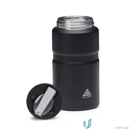 Matt black 750ml insulated food jar with foldable spoon for on-the-go meals