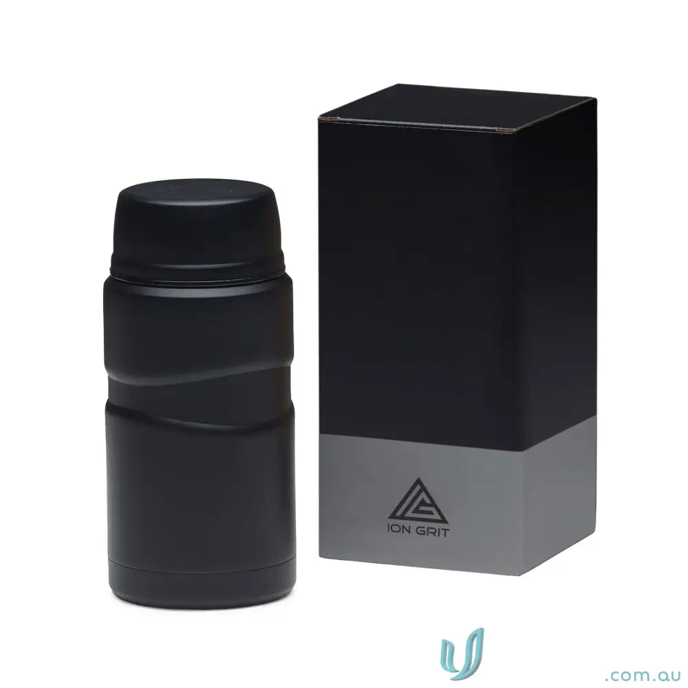 Matt black 750ml insulated stainless steel food jar with textured grip and matching box