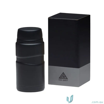 Matt black 750ml insulated stainless steel food jar with textured grip and matching box
