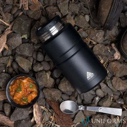 Matt black 750ml insulated food jar with wide mouth and foldable spoon for hot or cold meals