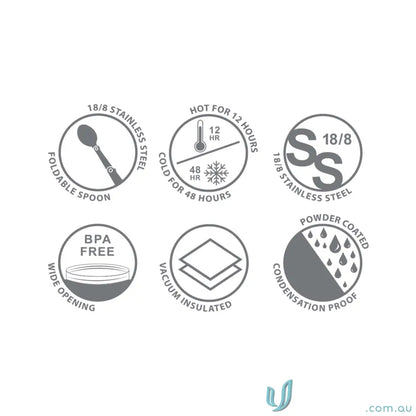 Image showing features of WorkFuel 750ml Insulated Stainless Steel Food Jar in matt black with foldable spoon