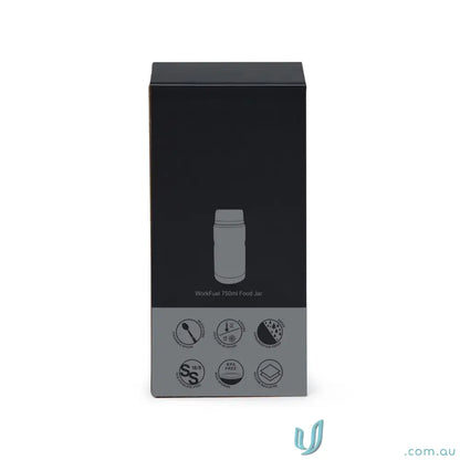 Black and gray 750ml insulated food jar box with feature icons and foldable spoon