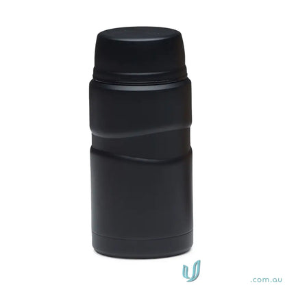 Matt black 750ml insulated food jar with textured grip and foldable spoon inside