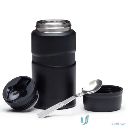 Matt black 750ml insulated food jar with screw-on lid and foldable spoon for easy carrying