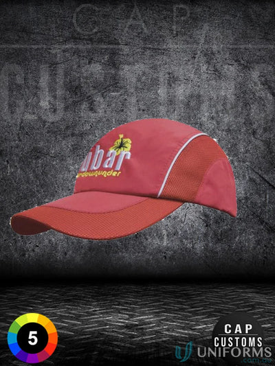 Red and orange baseball cap from Woven Fabric workwear with mesh panels, FAQs link friendly