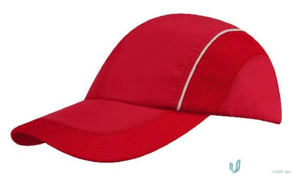 Red baseball cap with mesh panel, perfect for uniforms or workwear FAQ link included