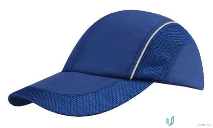 Blue athletic baseball cap made of woven fabric with mesh side panels for uniforms or workwear