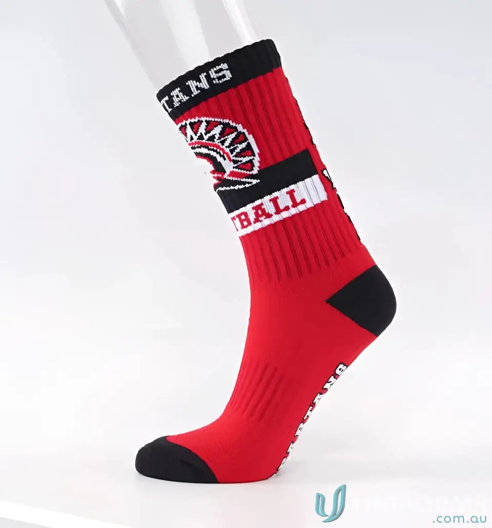 Red and black athletic sports socks from Woven Sports Socks, perfect for custom sports wear