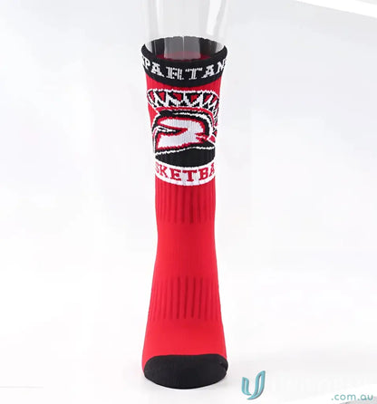 Red and black athletic sports socks from Woven Sports Socks, perfect for custom sports gear