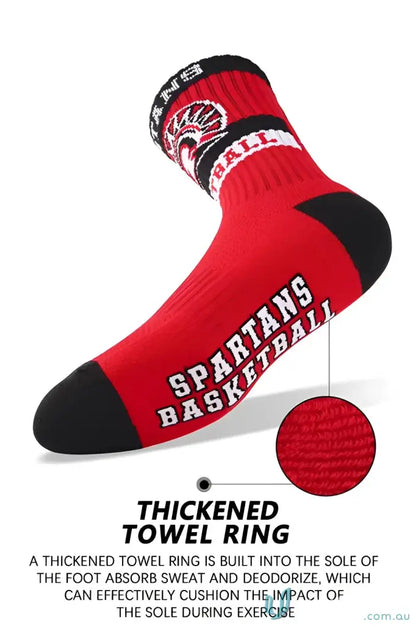 Red and black athletic sports socks from Woven Sports Socks for custom sports fun