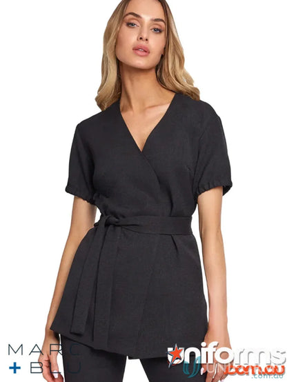 Black wraparound tunic perfect for uniforms and workwear, stylish and comfortable