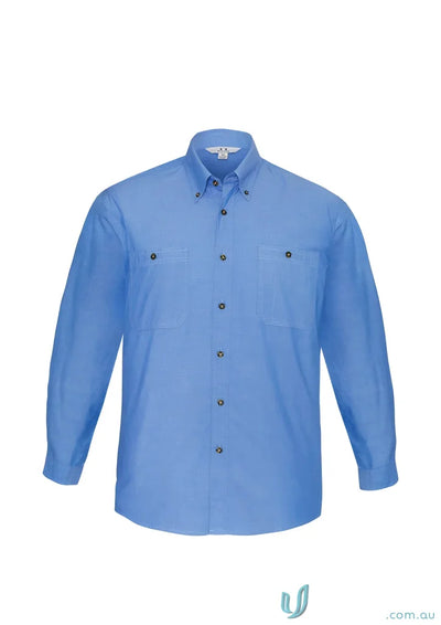Blue wrinkle free chambray shirt with tortoise shell buttons perfect for casual wear