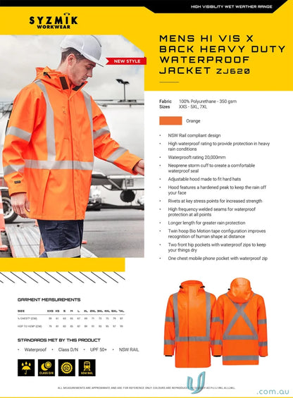 Orange waterproof work jacket from X Back Heavy Duty workwear with high waterproof rating