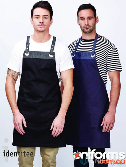 Two men wearing Xavier Cross Over Apron Strap with stylish black and navy blue apron straps