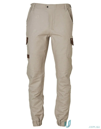Men’s beige XStreet Stretch Cargo Pants with elastic cuffs and brown side accents