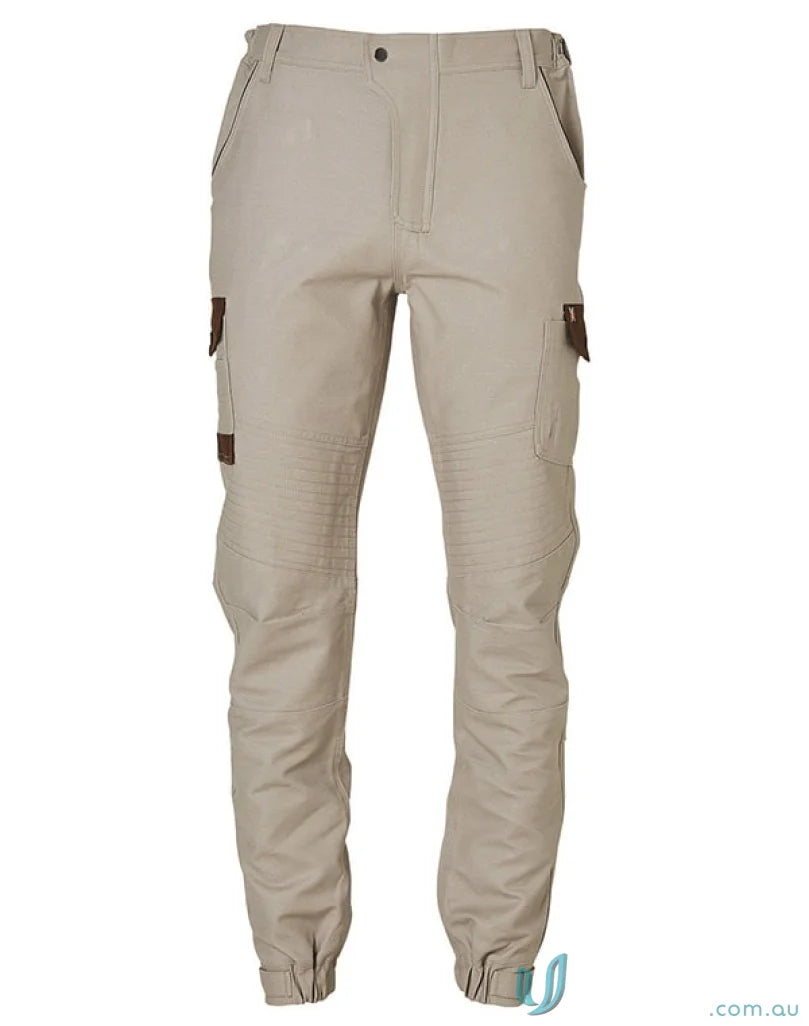 Men’s beige XStreet Stretch Cargo Pants with elastic cuffs and brown side accents