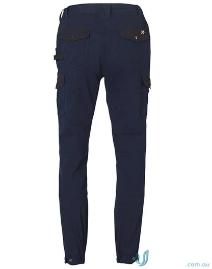 Men’s navy blue XStreet Stretch Cargo Pants with pockets and button details at ankles