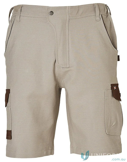 Khaki stretch cargo work shorts with brown accents from XStreet WP23 men’s stretch collection