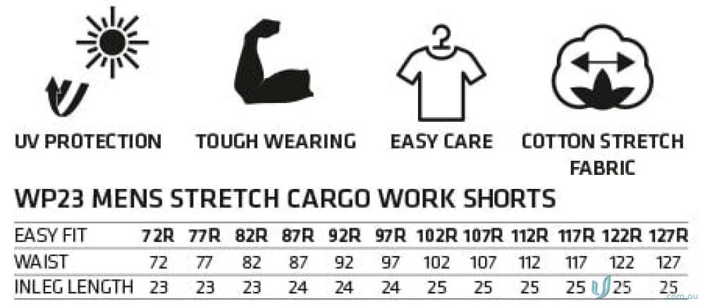XStreet Stretch Cargo Shorts showing specs for men’s stretch cargo work shorts and WP23 men’s stretch features
