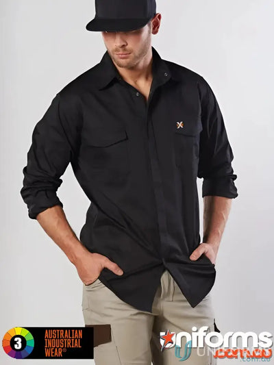 Man wearing XStreet Stretch Shirt black long-sleeve work shirt with chest pockets and tan cargo pants