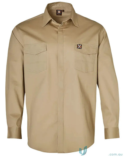 Men’s khaki long-sleeved work shirt with two chest pockets, XStreet Stretch Shirt style