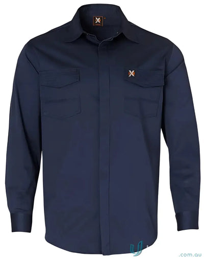 Men’s navy long-sleeved work shirt with chest pockets, XStreet Stretch Shirt style