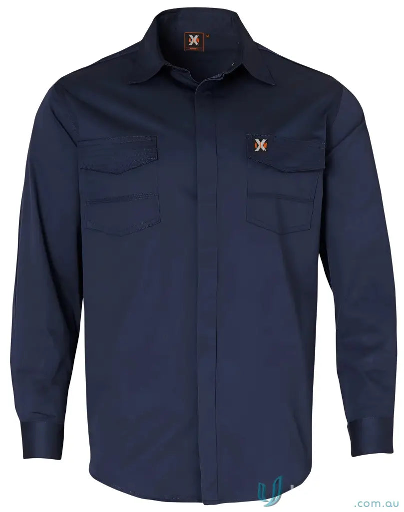 Long-sleeved navy blue XStreet Stretch Shirt with chest pockets for a casual look