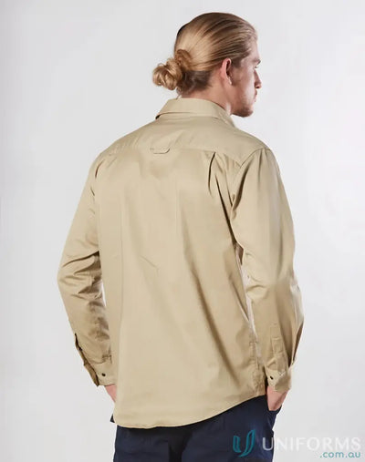 Tan long-sleeved XStreet Stretch Shirt made of lightweight nylon or polyester fabric