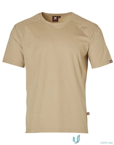 XStreet TrueDry Tee with a unique shoulder panel and shoulder panel stitching in tan