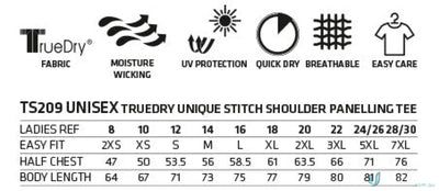 XStreet TrueDry Tee graphic showing features and sizing with unique shoulder panel stitching