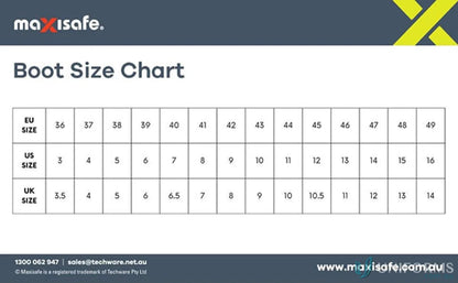 Boot size chart for XtremeGrip Black Polyurethane Gumboots, ideal for workwear and uniforms