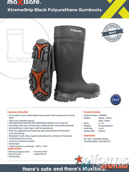 XtremeGrip Black Polyurethane Gumboots ideal for workwear and work uniforms