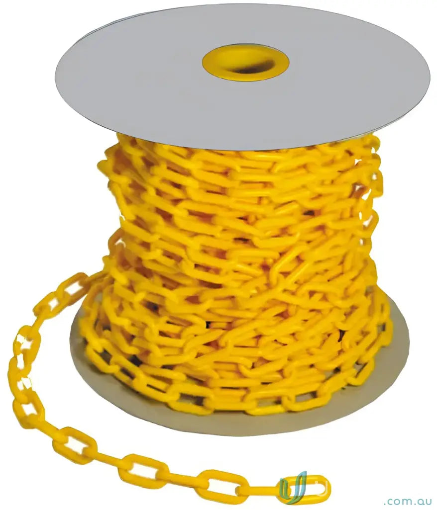 Yellow plastic safety chain on a spool, perfect for workwear and uniforms safety gear