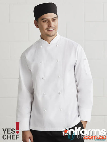 White long sleeve chef jacket with black hat from Yes Chef Al Dente LS Chef Jacket