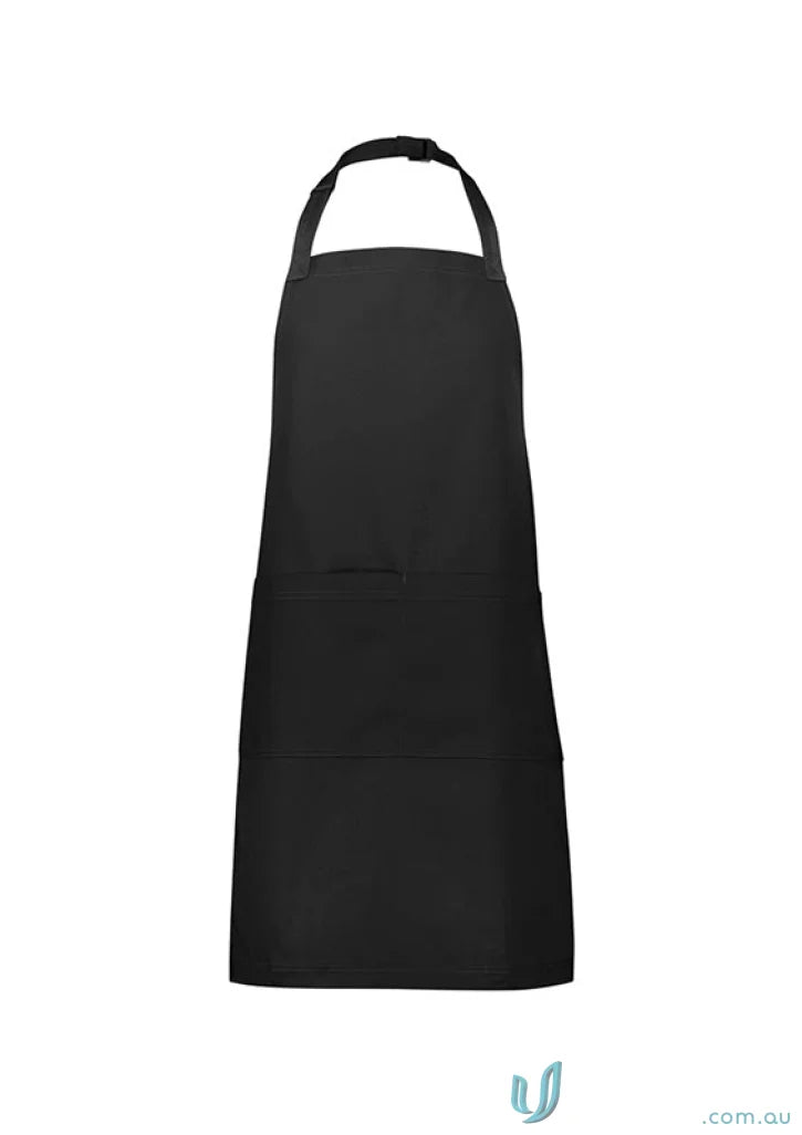 Black barley apron ba35 with adjustable neck strap and pocket, made from certified recycled pet