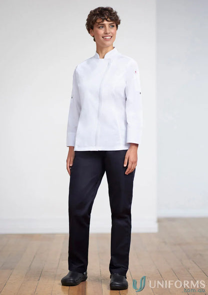 Woman in ladies dash chef pants showcasing ultimate comfort in chef’s uniform