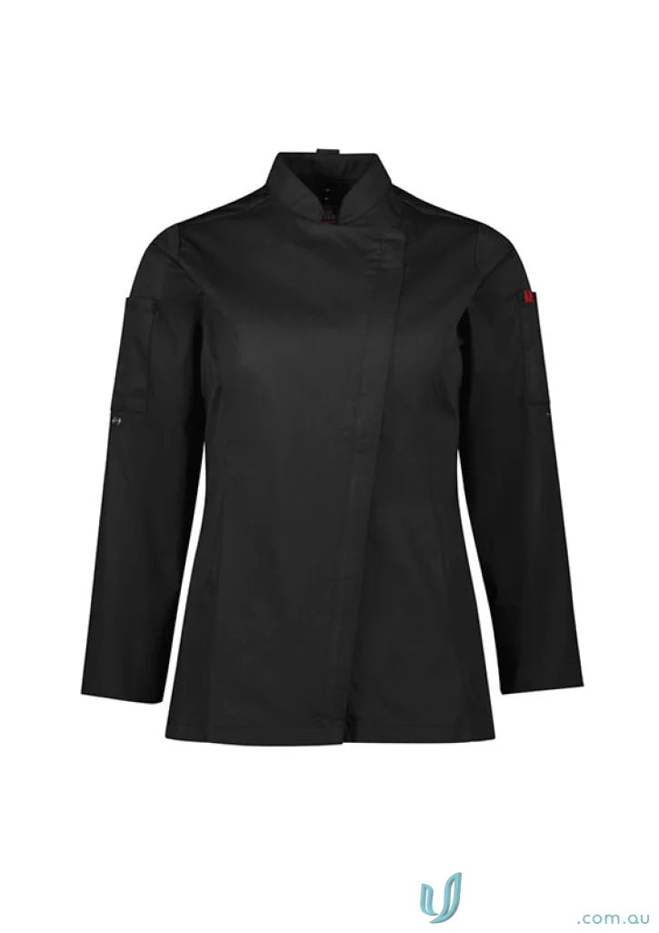 Black women’s reusable alfresco ls chef jacket from Yes Chef! for stylish cooks
