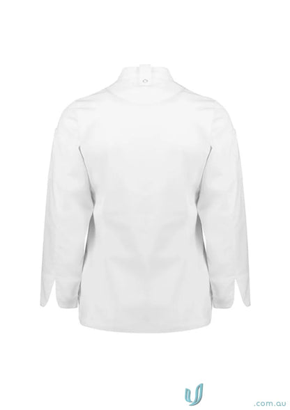 White long-sleeved Yes Chef Ladies Alfresco LS Chef Jacket for women’s reusable chef coat