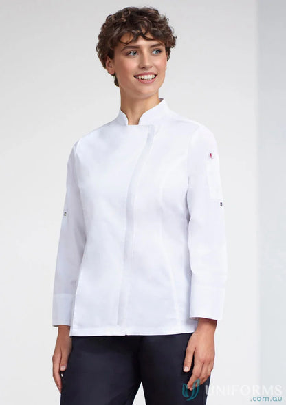 White ladies alfresco LS chef jacket from Yes Chef! women’s reusable long sleeve certified pet