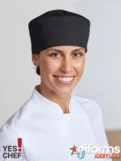 Black chef’s hat made from certified recycled PET for eco-friendly catering services