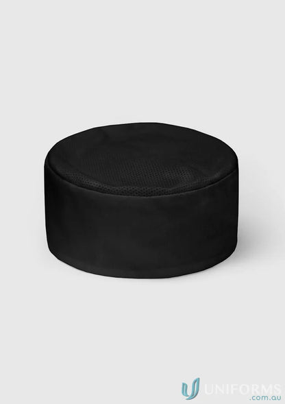 Round black ottoman made from recycled pet polyester for stylish catering services