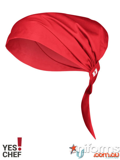 Red twist chef bandana for food truck operators made from recycled pet polyester