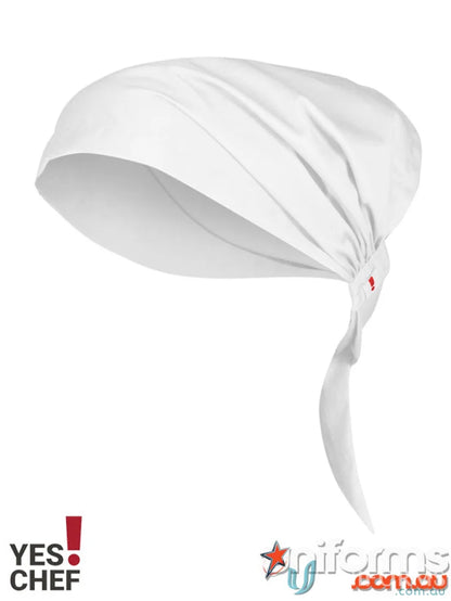 White chef’s bandana from Yes Chef Twist Chef Bandana made with recycled pet polyester for food truck operators