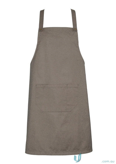 Gray apron with pocket from Yes Chef Urban Full Bib Apron Biz Collection BA55 featuring antique brass accents