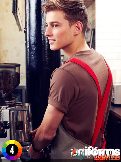 Barista in brown shirt and red suspenders wearing Yes Chef Urban Full Bib Apron