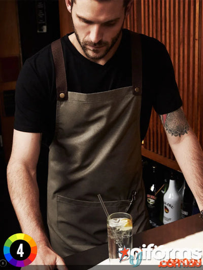 Bartender in brown apron from Yes Chef Urban Full Bib Apron biz collection bib apron ba55